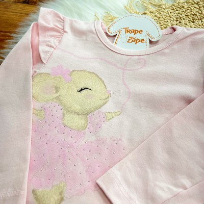 Conj. Blusa Coelhinha Bailarina e Short Saia em Tule - Rosa